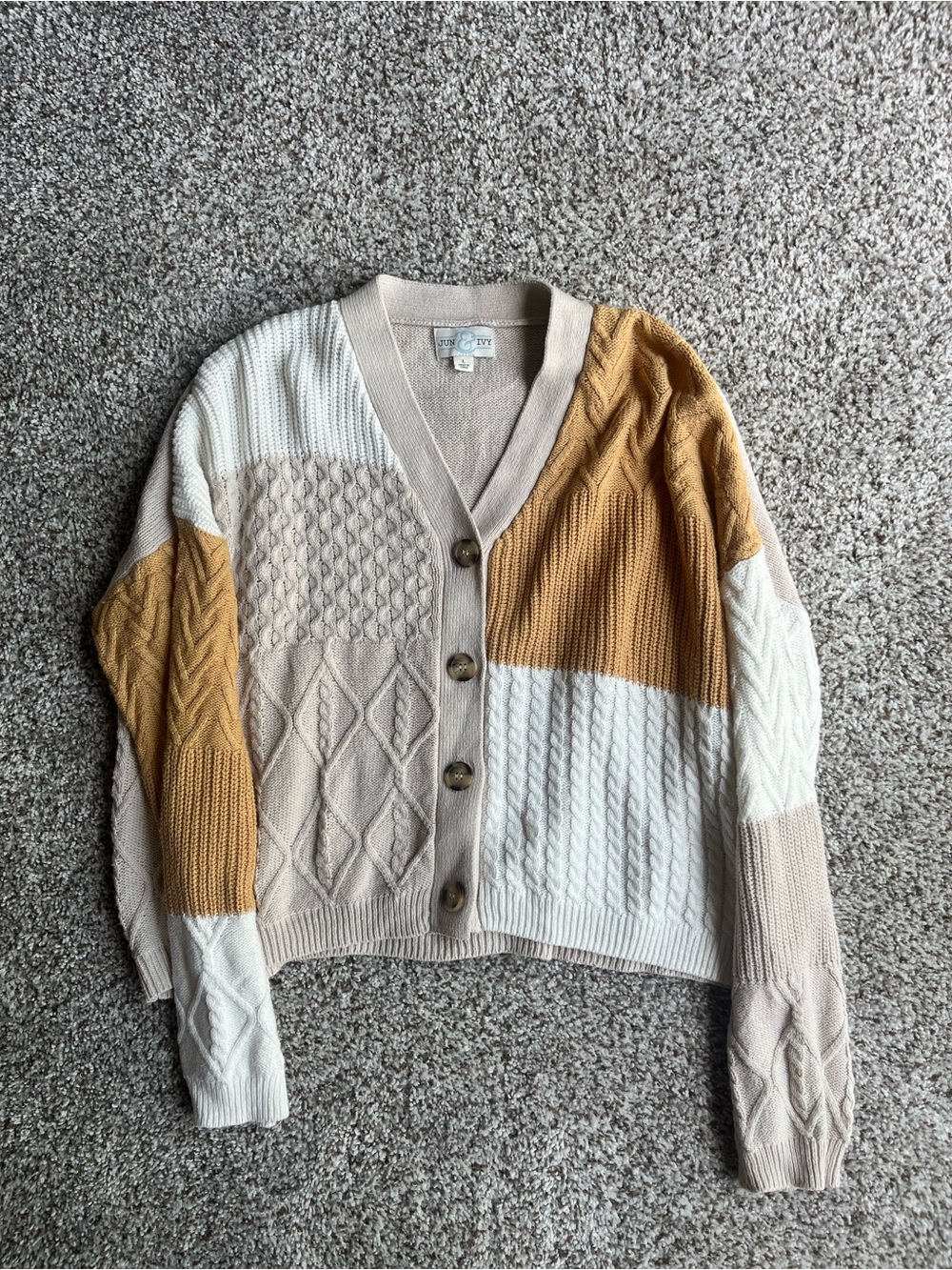 Cozy Colorblock Cable Knit Cardigan Sweater - Neutral & Mustard